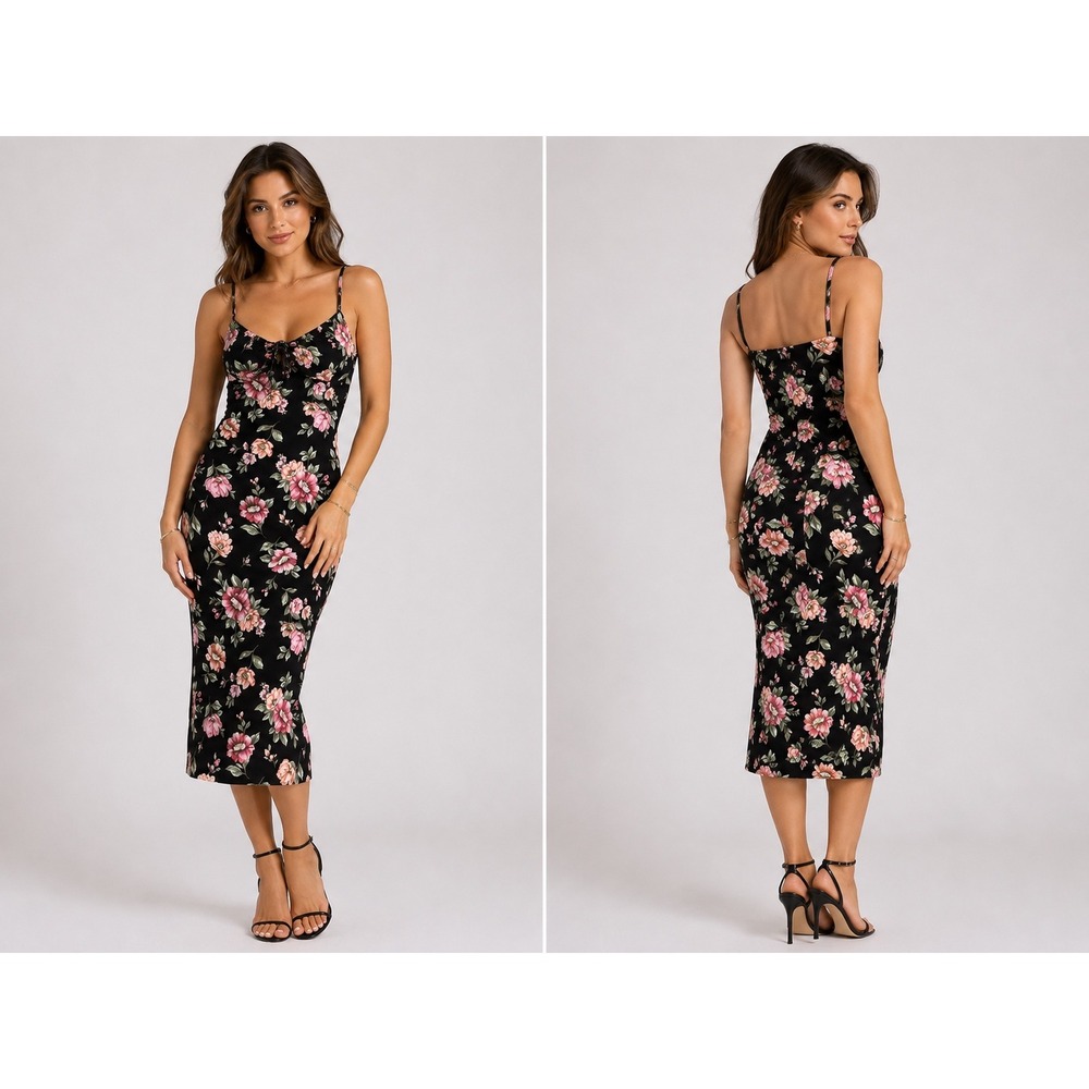 Floral summer y2k midi flowy summer sun dress black w flowers spaghetti Medium